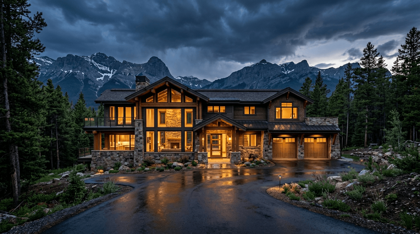 Luxury Colorado home with premium roofing at dusk